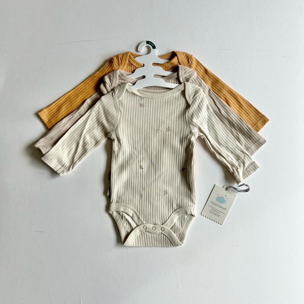 2 Cloud Island 3pc Ribbed Cream and Tan Baby Bodysuit Set Long Sleeve Bird Print - Picture 2 of 13